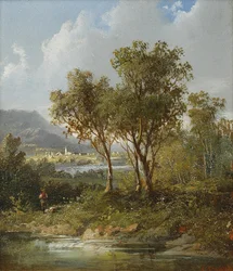Figura accanto a un lago con montagne lontane